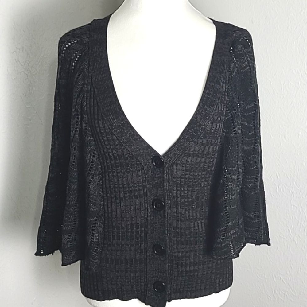 Cardigan Sweater Cape with Batwing Sleeves, Black & Gray Loose Knit, Size Medium